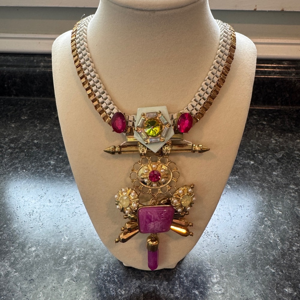 Bohemian Maximalist Statement Necklace Pink Crystal Faux Pearl Gold Tone Mixed